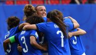 Italy's midfielder Barbara Bonansea (C) is congratulated by teammates after scoring the decisive goal during the France 2019 Women's World Cup Group C football match between Australia and Italy, on June 9, 2019, at the Hainaut Stadium in Valenciennes, nor