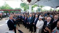 Recep Tayyip Erdogan (L) makes a speech after attending the funeral prayer in absentia for former President of Egypt Mohamed Morsi, at Fatih Mosque in Istanbul, Turkey on June 18, 2019. (?sa Terli / Anadolu Agency ) 