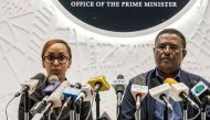 Ethiopia's Press Secretary Billene Seyoum (L) and spokesperson of the Primer Minister of Ethiopia Negussu Tilaaun, speak during a press conference, in Addis Ababa, on June 23, 2019. AFP / EDUARDO SOTERAS
