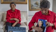 A collage of Louise Griffin and her White House Volunteer of the Week placard at home in Washington, D.C., on June 12, 2019 and another of her holding a singing caricature of George W. Bush on June 12, 2019. Photos for The Washington Post by Dayna Smith