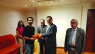 Twenty one-time billiards and snooker world champion Pankaj Advani receiving a memento from Hemant Dwivedi, First Secretary of Embassy of India in Qatar, during a felicitation ceremony held in Doha on Thursday. 