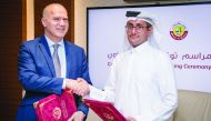 Issam Abou Sleiman, Regional Director for the GCC at the World Bank Group, and Saud bin Abdullah Al Attiyah, Deputy Undersecretary for Economic Affairs at the Ministry of Finance, during the signing ceremony.