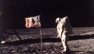 FILE:  In this image provided by NASA, astronaut Buzz Aldrin poses for a photograph beside the U.S. flag deployed on the moon during the Apollo 11 mission on July 20, 1969. Television is marking the 50th anniversary of the July 20, 1969, moon landing with