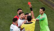 Chile's Gary Medel and Argentina's Lionel Messi are shown a red card by referee Mario Diaz de Vivar, July 6, 2019 . REUTERS/Ueslei Marcelino