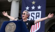 United States women's national team forward Megan Rapinoe (15) speaks at New York City Hall after the ticker-tape parade for the United States women's national soccer team down the canyon of heroes in New York City. Credit: Brad Penner-USA TODAY Sports