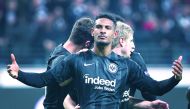 Frankfurt's French forward Sebastien Haller celebrates with teammates after scoring during the UEFA Europa League round of 32 second-leg football match between Eintracht Frankfurt and FC Shakhtar Donetsk in Frankfurt, Germany on February 21, 2019. AFP / D