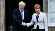 Britain's Prime Minister Boris Johnson shakes hands with Scotland's First Minister Nicola Sturgeon at Bute House in Edinburgh, Scotland, Britain July 29, 2019. (REUTERS/Russell Cheyne)
