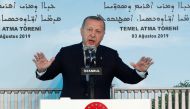Turkish President Tayyip Erdogan speaks during the groundbreaking ceremony of the Mor Efrem Syriac Orthodox Church in Istanbul, Turkey, August 3, 2019. REUTERS/Murad Sezer