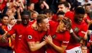 Manchester United's Daniel James celebrates scoring their fourth goal with Scott McTominay, Marcus Rashford and team mates (Reuters/Jason Cairnduff)