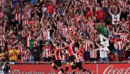 Athletic Bilbao's Aritz Aduriz celebrates scoring their first goal with teammates REUTERS/Vincent West