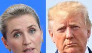 This combination of pictures created on August 20, 2019 shows Denmark's Prime Minister Mette Frederiksen (L) at a joint press conference on July 11, 2019 at the Chancellery in Berlin and US President Donald Trump before boarding Air Force One in Morristow