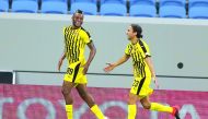 The players of Qatar Sports Club celebrate after scoring a goal against Al Duhail in the  QNB Stars League match at Al Janoub Stadium yesterday.