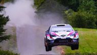 A GAZOO Racing World Rally Team  driver is airborne in his Toyota Yaris during the FIA World Rally Championship’s Rally Finland, in Finnish Lakeland. 