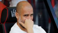 Manchester City manager Pep Guardiola before the match. REUTERS/Russell Cheyne