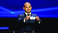 Former Netherlands player Wesley Sneijder draws Paris St Germain during the Champions League Group Stage draw REUTERS/Eric Gaillard 