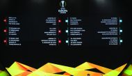 The board displaying the groups of European football teams is pictured during the UEFA Europa League football group stage draw ceremony in Monaco on August 30, 2019. AFP / Valery Hache