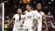 Paris' Argentinian midfielder Angel Di Maria (C) celebrates with teammates after scoring a goal during the French L1 football match between Metz (FCM) and Paris (PSG) at the Saint-Symphorien stadium in Longeville-les-Metz, eastern France, on August 30, 20