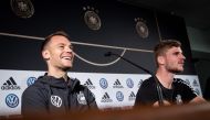 Germany's goalkeeper Manuel Neuer (L) and Germany's forward Timo Werner attend a press confeence ahead of the Euro 2020 football qualification match between Germany and Netherlands in Hamburg on September 3, 2019.  AFP / Christian Charisius