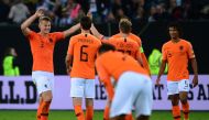Netherlands' players celebrate after the UEFA Euro 2020 Group C qualification football match between Germany and the Netherlands in Hamburg, northern Germany, on September 6, 2019. / AFP / PATRIK STOLLARZ