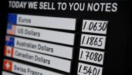 A board displaying buying and selling rates is seen outside of a currency exchange outlet in London, Britain, July 31, 2019. Reuters/Toby Melville