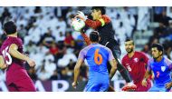Indian goalkeeper Gurpreet Singh Sandhu makes a stop. Pic: Salim Matramkot / The Peninsula