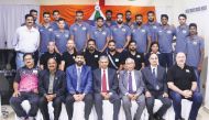 Indian Volleyball team players, coaches and officials with Ambassador of India, P Kumaran (centre), President of  Indian Sports Centre, Nilangshu Dey (third right), and other officials.