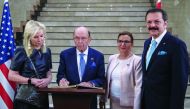 United States Secretary of Commerce Wilbur Ross (2nd L), accompanied by Turkish Trade Minister Ruhsar Pekcan (2nd R), TOBB Chairman Rifat Hisarciklioglu (R), signs TOBB's guestbook during a working lunch held by Turkey -US Businesspeople in Ankara, Turkey