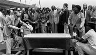 Then French President Francois Mitterrand (L) with Gabon President Omar Bongo inaugurates the second section of the Trans-Gabon Railway (Transgabonais) in Franceville on January 18, 1983. AFP / Daniel Janin
 

