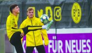 Dortmund's players take part in a training session on the eve of the UEFA Champions League Group F football match between Borussia Dortmund and Barcelona in Dortmund, western Germany, on September 16, 2019.  AFP / Sascha Schuermann