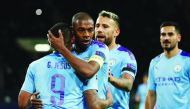  Manchester City's Gabriel Jesus celebrates scoring their third goal with Fernandinho, Nicolas Otamendi and Ilkay Gundogan. Reuters/Gleb Garanich