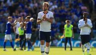 Tottenham Hotspur's English striker Harry Kane (C) and Tottenham Hotspur's English defender Danny Rose (R) applauds the fans following the English Premier League football match between Leicester City and Tottenham Hotspur at King Power Stadium in Leiceste