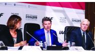 IAAF President Sebastian Coe (centre), The Head of Communications for the Worldwide Athletics Federation, Jackie Brock-Doyle (left) and the head of IAAF Inspection Team, Rune Andersen, during a press conference following a meeting of the body’s council in