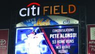 The scoreboard at Citi Field displays a congratulatory message to New York Mets first baseman Pete Alonso (20) for breaking the MLB rookie home run record during the game against the Atlanta Braves. Credit: Brad Penner-USA TODAY Sports