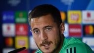 Real Madrid's Belgian forward Eden Hazard gives a press conference at the Valdebebas training complex in the outskirts of Madrid, on September 30, 2019, on the eve of the UEFA Champions league Group A football match against Club Brugge. / AFP / PIERRE-PHI