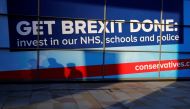 A Brexit slogan is displayed at the venue of the Conservative Party annual conference in Manchester, Britain, October 2, 2019. REUTERS/Phil Noble