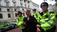 Police take away a protestor during an Extinction Rebellion demonstration outside the Treasury building in London, Britain October 3, 2019. Reuters/Simon Dawson
 