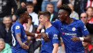 Chelsea's Mason Mount celebrates scoring their second goal with Callum Hudson-Odoi and Tammy Abraham. Reuters/Tony O'Brien