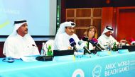 Vice-President and General-Director of Qatar Olympic Committee Jassim Rashid Al Buenain (second left) speaks during a press conference held in Doha, yesterday. ANOC Secretary-General Gunilla Lindberg (second right), Assistant General Manager For Supportin