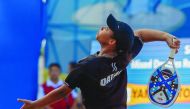 Qatar’s Mubaraka Al Naimi in action during the beach tennis mixed doubles at Katara Beach yesterday. Picture: Angelos Zymaras / Laurel Photo Services