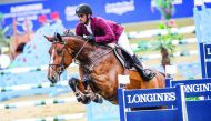 Mohammed Sultan Al Suwaidi competing in the Longines Hathab Equestrian Series at the Al Shaqab Indoor Arena yesterday.