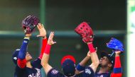 Washington Nationals left fielder Juan Soto (22) and right fielder Adam Eaton (2) and center fielder Victor Robles (16) celebrate after defeating the Houston Astros in game one of the 2019 World Series at Minute Maid Park. Credit: Thomas B. Shea-USA TODAY