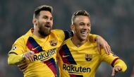 Lionel Messi (L) and Arthur (R) of Barcelona celebrate their goal during the UEFA Champions League Group F soccer match between SK Slavia Praha and FC Barcelona at Sinobo Stadium in Prague, Czech Republic on October 23, 2019. ( Lukas Kabon - Anadolu Agenc