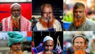 (COMBO) This combination of pictures created on January 24, 2019 shows men with henna-dyed beards in Dhaka on December 24, 2018. AFP / MUNIR UZ ZAMAN 