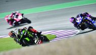 Great Britain’s Jonathan Rea of Kawasaki Racing Team WorldSBK (left) storms ahead in Race 1 of the WorldSBK final round at the Losail International Circuit, yesterday.