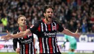 Frankfurt's Portuguese forward Goncalo Paciencia (R) celebrates with Frankfurt's Serbian midfielder Mijat Gacinovic after scoring the 5-1 during the German first division Bundesliga football match between Eintracht Frankfurt and FC Bayern Munich on Novemb