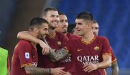 AS Roma's Edin Dzeko and teammates celebrate after the match REUTERS/Alberto Lingria