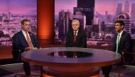 Brexit Party leader Nigel Farage, Britain's Labour Party's Shadow Chancellor John McDonnell and Chief Secretary to the Treasury Rishi Sunak appear on BBC TV's The Andrew Marr Show in London, Britain, November 3, 2019. Jeff Overs/BBC/Handout via REUTERS