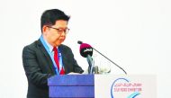 Lim Meng Hui, CEO of Qatar Free Zones Authority, giving a speech during the opening day of the ‘Silk Road Exhibition & One Belt One Road Conference’, organized by Dar Al Sharq, at DECC, yesterday.  Pic: Abdul Basit/The Peninsula