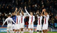Paris Saint-Germain's players celebrate after winning the UEFA Champions League Group A football match between Paris Saint-Germain (PSG) and Club Brugge at the Parc des Princes stadium in Paris on November 6, 2019. / AFP / Thomas SAMSON