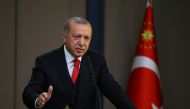 Turkish President Recep Tayyip Erdogan holds a press conference ahead of his departure to Hungary at the Esenboga Airport in Ankara, Turkey on November 07, 2019. ( Volkan Furuncu - Anadolu Agency )